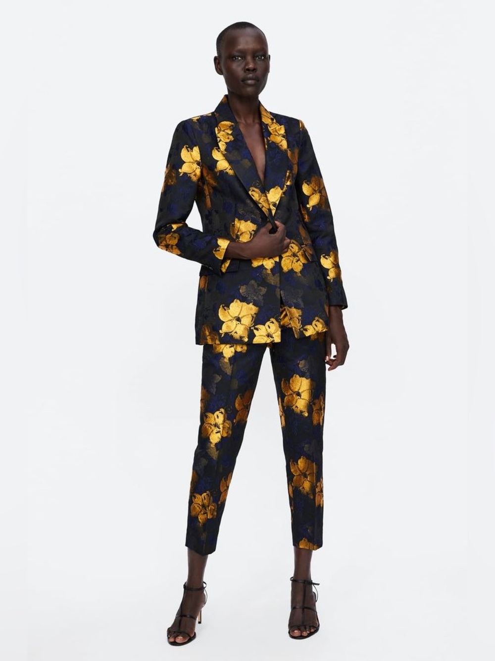 ZARA Metallic Gold Floral Brocade Jacquard Blazer Jacket | Medium |